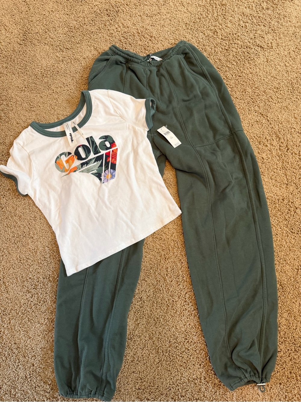 White Gola Ringer Tee with Floral Logo & Forest Green Joggers XXS